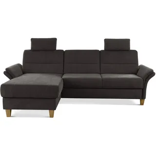 CAVADORE Eckcouch Wyk mit Federkern / Ecksofa im Landhaus-Stil mit Longchair, 2 Kopfstützen + Holzfüßen / 252 x 90 x 162 / Chenille, Braun
