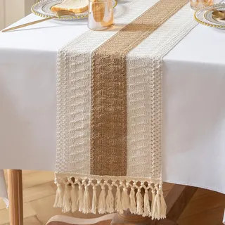 meioro Boho Bicolor Stitching Tischläufer, 30x180cm Tischdeko aus Gewebtem Leinen mit Quasten, Makramee Modern Tischwäsche für Tabletop Dekor Drinnen Küche Esszimmer Wohnzimmer (Creme & Braun)