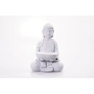 Hausleben Eleganter Sitzender Buddha mit Vogelbad – Magnesia-Statue in Zement-Optik 28,5×19×40 cm | Wetterfeste Gartenfigur & Wohn-Deko | Vielseitige Schale als Vogelbad, Kerzenhalter oder Deko-Schale
