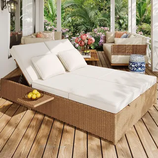 Flieks Rattan Gartensofa mit Verstellbarem Rückenlehne, Gartenloungeset Gartenmöbelset mit abnehmbar Ablage, Doppelliege Gartenliege mit Kissen, Weiß - Weiß