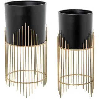 DRW Set mit 2 Blumentöpfen mit Metallfuß, Schwarz und Gold, 20 x 20 x 43 cm und 15 x 15 x 39 cm