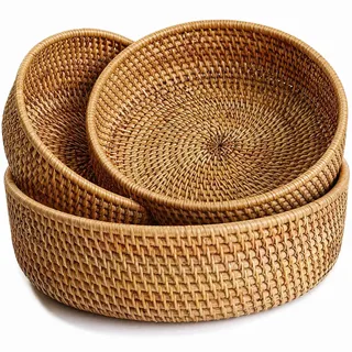 Runde Rattan Obstkörbe, Natürlicher Korbfruchtschalen, Geflochtene Aufbewahrungskörbe für Esszimmer (3er-Set)