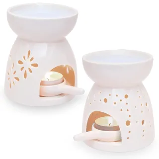 Ligano Duftlampe aus Keramik – Aromalampe mit Teelicht-Halter – Duftlicht 2er Set (Blumen und Punkte)