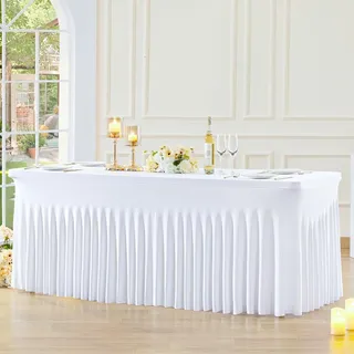 1-Pack Weiß Spandex Elastisch Tischdecke mit Rock, Faltenfreie Fitted 1.8m Rechteck Tische Weißer Stretch Tischdecken für Parteien Hochzeiten Geburtstag Bankett Baby Dusche
