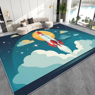 AevuCub Rakete Deko, Weltraum Teppich 100x150 Kurzflor, Teppich Wohnzimmer Planeten Universum, Weich rutschfest Waschbare Teppiche, Bettvorleger Schlafzimmer Kinderzimmer