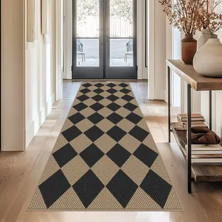 Capslpad Teppich Läufer Flur 80x200cm, Raute Jute Aussehen Küchenteppich Natürlich Waschbar Outdoor Teppich Schwarz rutschfest Küchenläufer für Flur, Küche, Schlafzimmer, Balkon, Terrasse