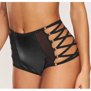 High-Waist-Slip PETITE FLEUR GOLD, Damen, Gr. 52/54, schwarz, Lederoptik (PU beschichtet), Obermaterial: 85% Polyester, 10% Elasthan, 5% Polyamid. Beschichtung: 100% Polyurethan, eng, Unterhosen High-Waist-Slip, aus Lederimitat mit aufregenden Bänderdetails, Reizwäsche