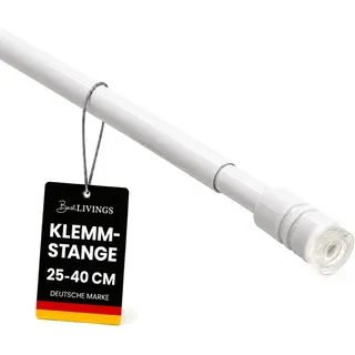 Bestlivings Klemmstange Gardinenstange ohne Bohren, Weiß, 25-40 cm | 1er-Set, Ø10 mm Metall-Spannstange mit Gummipuffer, stufenlos ausziehbar, bis 1 kg belastbar, für Scheiben- & Bistrogardinen