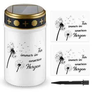 Nezyo 1 Grablicht mit Erdspieß Solar mit 2 Aufkleber LED Friedhofskerzen mit Solar für Outdoor LED Kerzen mit Text für Immer in Unseren Herzen(Weiß,Löwenzahn)