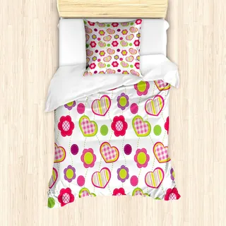 ABAKUHAUS Blume Bettbezug Set, Blumen Stiche Überprüft Linien Streifen Herz Runde Formen Craft Patchwork Art, 135 x 200 cm + 80 x 80 cm, Lila Rot - Lila, Rot