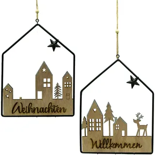 NOOR LIVING Weihnachtsfigur »Deko-Schild aus Holz und Metall, mit Aufschrift Willkommen/Weihnachten« Dekoobjekt, Weihnachtsdeko, Türschild, Höhe ca. 24 cm, schwarz