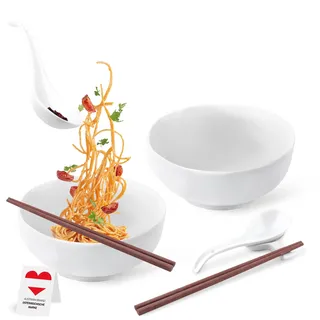 Ramen Schüssel aus Porzellan Warm Weiß mit Löffel und Essstäbchen 17,5cm von 800-1000 ml Ramen Bowl Set Asiatisches Geschirr Set Suppenschalen Porzellan Bowl Schüssel Müslischalen Salatschüssel