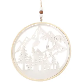 Holz Deko-Ring Winter: Türkranz Weihnachten, Winterdeko, Weihnachtsanhänger Häuser & Berge, Weihnachtlicher Anhänger Tür, Wand & Fenster, Weihnachtliche Deko, Holzanhänger, Weiß & Natur, Ø 15,5 cm
