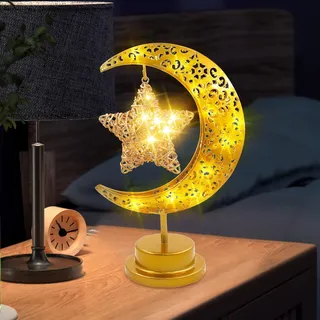 TaimeiMao LED Ramadan Lichter Mondlampe,LED Mond Stern Tischlampe,Eisen Ramadan Halbmond Lampe,LED Nachttischlampe Batteriebetrieben,Eid Dekoration Muslim Party,für Heim Schlafzimmer Büro Geschenk