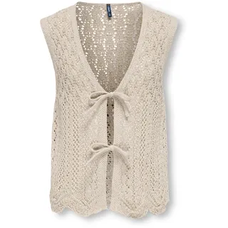 Ajourstrickjacke KIDS ONLY "KOGNOLA LIFE SL TOP KNT", Mädchen, Gr. 158/164, beige (oatmeal), Strick, Obermaterial: 70% Baumwolle, 30% Polyester, unifarben, normal normal, tiefer V-Ausschnitt, Strickjacken Ajourstrickjacke, ärmellos, Ajourmuster