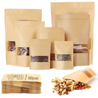 30 Stück Kraftpapier Tüten 30x18cm Papiertüten mit Fenster Wiederverwendbar Kraftpapiertüten Papiertüten Braun Verschließbare Tüten für Nüsse Kaffeebohnen Teeblätter Süßigkeiten Snacks