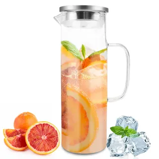 Nutabevr 1,5 Liter Wasserkaraffe aus Glas,Glaskaraffe und Edelstahl Deckel,Gedickter Kessel aus Borosilikatglas,Hitzebeständig Wasserkocher, Ideal für Wein, Kaffee, heißes Wasser und Fruchtsäfte