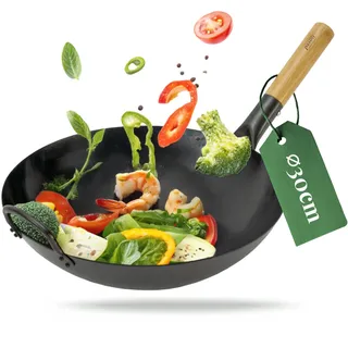 pasoli Wok für Gasherd und Grill inkl. gratis Rezepte eBook - voreingebrannt - Asiapfanne mit rundem Boden - Carbonstahl Bratwok - handgehämmerte Wokpfanne - Ø 30 cm - wok pfanne