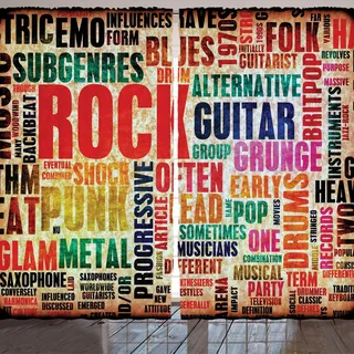 ARANDE Musik Gardine, Retro Rock'n'Roll Symbole Grunge Musikalisch Gattung Farben Illustration Muster, 280 x 245 cm, Mehrfarbig