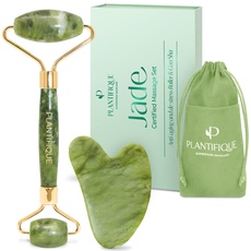Plantifique Jade Roller & Gua Sha Stein - Natürlicher Grüner Jade Roller Massageroller - Gesichtsroller aus Jade Stein