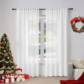 WOLTU 2er Set Gardinenn, Schiebegardine für Wohnzimmer Schlafzimmer, mit Kräuselband, Leinenoptik, Halbtransparent Voile modern, 135 x 245 cm, Weiß