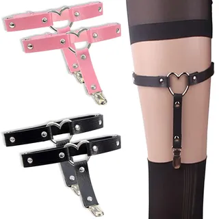 ZILZUFA Damen Strapsgürtel, 4 Stück Leder Bein Strumpfband Damen Verstellbar Punk Gothic Strumpfband Schwarz Rosa Anti Rutsch Clip Strumpfhalter Halloween Karneval Cosplay Party Zubehör