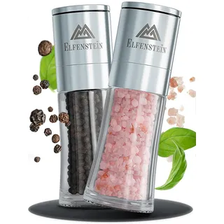ELFENSTEIN Edelstahl Salz und Pfeffermühle Set mit Keramikmahlwerk - stufenlos einstellbar, Pfeffer und Salzmühle für grobes Salz, Gewürzmühle, Mühlenset (Silber M)