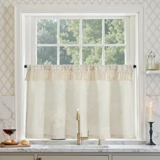 TOPICK scheibengardinen landhausstil küchengardinen leinenoptik Wohnzimmer bistrogardinen 60 cm hoch schiebegardinen Lichtdurchlässig Beige Gardinen Kurz 1er Set H60xB125 cm