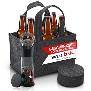 wortek Geschenkset Männer Geschenke - Männerhandtasche Bier aus Filz mit 6 Fächern - Flaschenöffner mit Auffangbehälter - Untersetzer Gläser 6er Set – Witzige Geschenke für Männer und Bierliebhaber