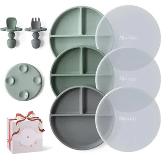 Moonkie 3pc Silikon Kinderteller mit Deckel, Baby teller mit Saugnapf, BPA-freie Rutschfest Geteilte Geschirr Set mit Gabeln und Löffel, Mikrowellen und Spülmaschinenfest(Mint/Grau Grün/Lunar Grey)