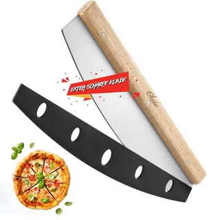 OLEIO Pizzaschneider 35cm Edelstahl - Profi Pizzamesser & Wiegemesser mit Holzgriff - Inkl. Klingenschutz - Scharfer Pizza Cutter groß für Pizzateig & Pizza