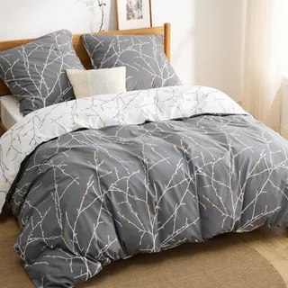 BEDSURE Bettwäsche 200x220 Baumwolle Grau - Bettwäsche-Sets 200 x 220 cm Bettbezug 3teilig mit 2 Kissenbezüge 80x80 cm, ÖKO-TEX Wendebettwäsche Bedding Zweige Muster mit Reißverschluss