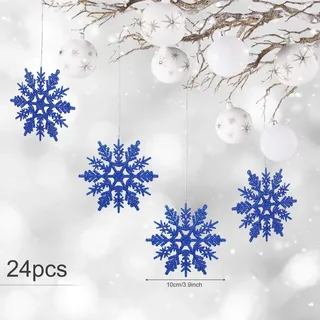 24 x Schneeflocken Weihnachten Deko für Weihnachtsbaum Glitzer Weihnachtsbaumschmuck, blau, Kunststoff - Blau