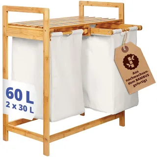 Lumaland Wäschekorb Bambus mit zwei ausziehbaren Wäschesäcken | 60L | Wäschesammler mit Ablage | Pflegeleichtes Material, unempfindlich gegen Nässe | 2 Fächer: 73H x 64B x 33L cm - Gelb
