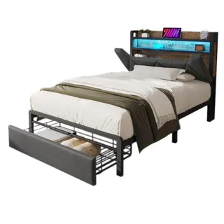 Stilvora Polsterbett 90/200 cm in Grau mit Schublade, LED und USB Leinen im Industrial-Design , Metall , 1 Schubladen , 90x200 cm , Schlafzimmer, Betten, Polsterbetten