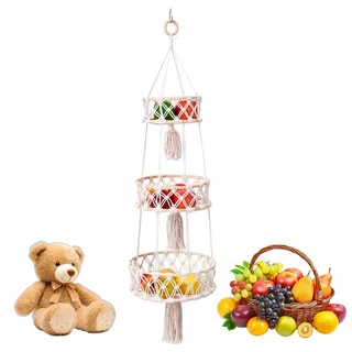 Zyiphor 3 Etagere Obstkorb Hängend Obst Hängekorb Ø30cm+25cm+20cm Böhmisches Hängekorb Küche Für Küche Wohnzimmer Hotel Wandkorb Zur Aufbewahrung und Dekoration