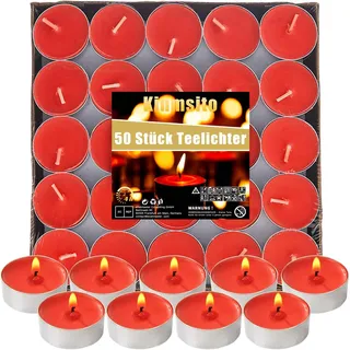 Kinmsito 50 Stück Teelichter,Runde Romantische Rote Kerzen,Brenndauer 4 Stunden,Romantische Teelichter,Rauchfreie Teelicht Liebe Kerzen für Geburtstag,Vorschlag,Party,Valentinstag,hochzeit,verlobung