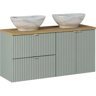 Badezimmerschrank mit Arbeitsplatte und Waschbecken 120 cm - Line Reed Green mit gefräster Front und Waschbecken - Grün