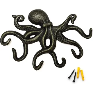 ChasBete Garderobenhaken Vintage Wandhaken, Krake Kleiderhaken Wand Haken Gusseisen mit 6 Haken - Bronze
