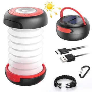 GlobaLink LED Campinglampe Faltbare Solar Camping Laterne Energienbank mit 2 Lademethoden (Solar/USB C) und 3 Lichtmodi für Camping, Angeln, Notfall -inkl. Survival Armband mit Pfeife(Rot)