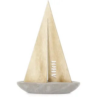 Heitmann Deco - Segel-Schiff mit Schriftzug "Ahoi" - aus Stein und Holz - für Geburtstag - maritime Deko für Wohnung und Haus - Tischdeko, 23 x 7 x 34 cm, Beige