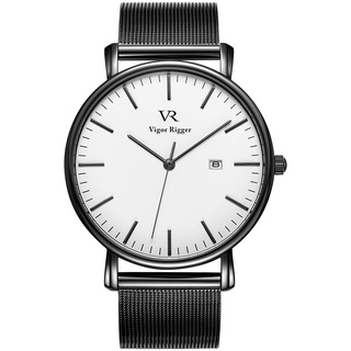 BUREI Vigor Rigger Herren Quarzuhr ultradünne Schwarz Armbanduhr für Herren Classic Minimalistisches Design mit Datum Kalender und Edelstahlband