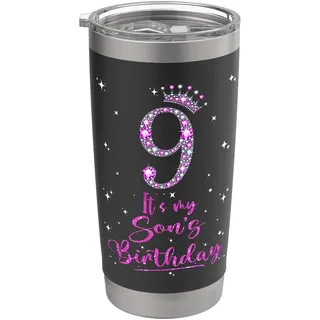 9 Es ist der Geburtstag meines Sohnes, rosa Krone, 9 Jahre alt Doppelwandiger Edelstahl-Thermobecher