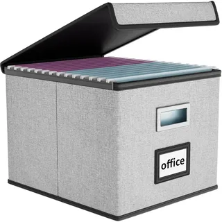FINEW Stoff Faltbare Aufbewahrungsbox mit Deckel,Hängemappen Hängeregister | Leinen Hängemappenbox für DIN A4 Hängeregister, Aufbewahrungsboxen für Büro/Dekor/Haus,Ablagebox Faltbox für Familien (Grau)