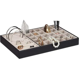 Relaxdays Schmucktablett Damen, Schmuckkasten inklusive Ringbox, Schmucklade flach, 30 Fächer, Samt, schwarz