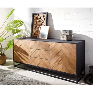 DELIFE Sideboard Famke 145 cm Mango Teak 2 Türen 3 Schubladen - Hellbraun, Schwarz