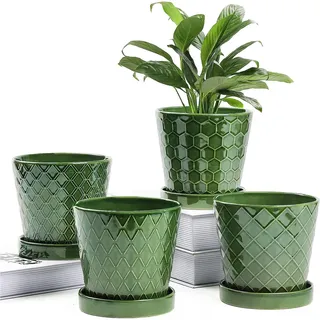 Buymax Blumentöpfe für den Innenbereich – 12,7 cm Keramik-Blumentopf mit Drainageloch und Keramiktablett – Gartenarbeit Zuhause Desktop Büro Fensterbank Dekoration Geschenk, 4er-Set – Pflanzen Nicht
