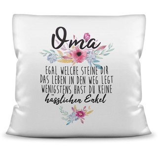 Kissen mit Spruch Oma - Wenigstens hast du Keine hässlichen Enkelkinder - Geschenk-Idee/Witzig/Enkeltochter/Enkelsohn/Familie/40x40 - Kissen Weiß inkl. Füllung