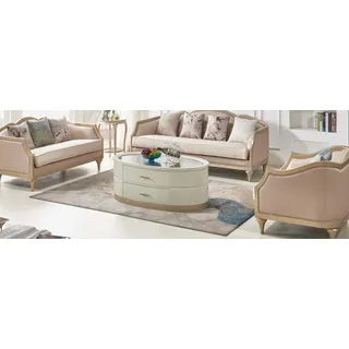 Creme Couchtisch Ovaler Wohnzimmer Tisch Glastisch Holz Luxus Couchtische Möbel - Creme