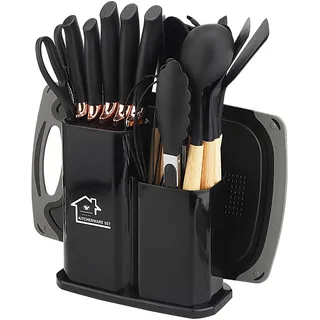 Küchenmesserset,19-teiliges Küchenutensilien-Set, Silikon-Küchengeräte-Set, enthält fünf Messer und ein Schneidebrett, mit Aufbewahrungsbox (schwarz)